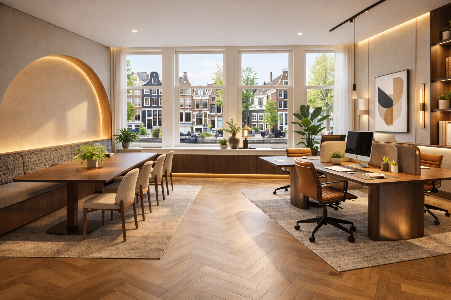 Modern office with large windows, wooden floors, and a combination of tables and desks, decorated with plants and minimalist artwork.