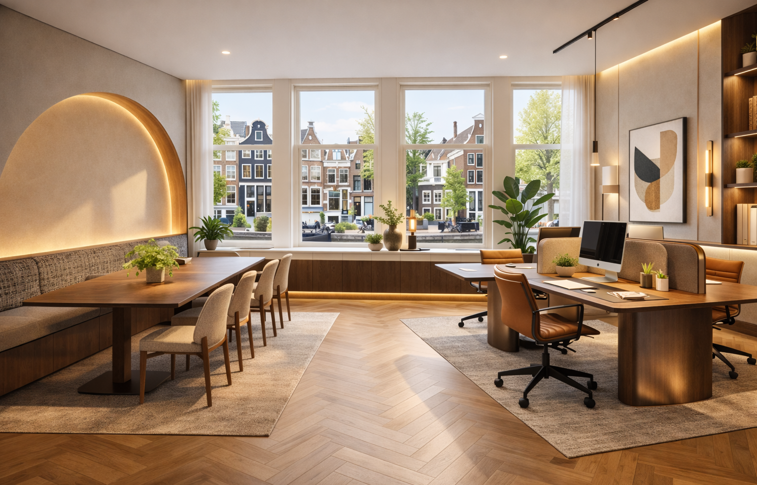 Modern office with large windows, wooden furniture, potted plants, and abstract artwork.