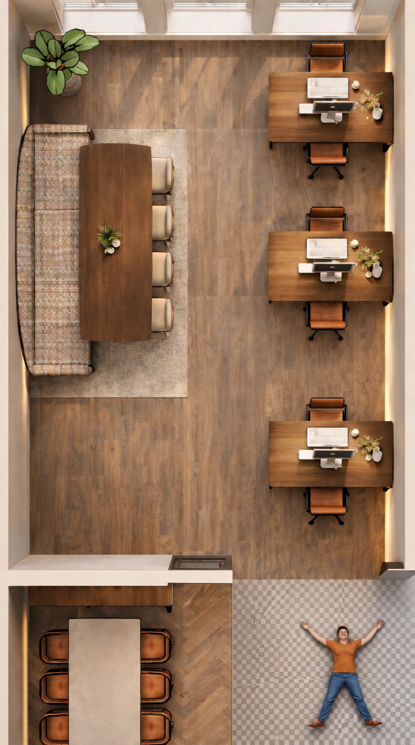 Top-down view of an office with three work desks, a main meeting table with six chairs, and a woman lying on the checkered floor with her arms and legs spread out, side by side, near the office entrance.