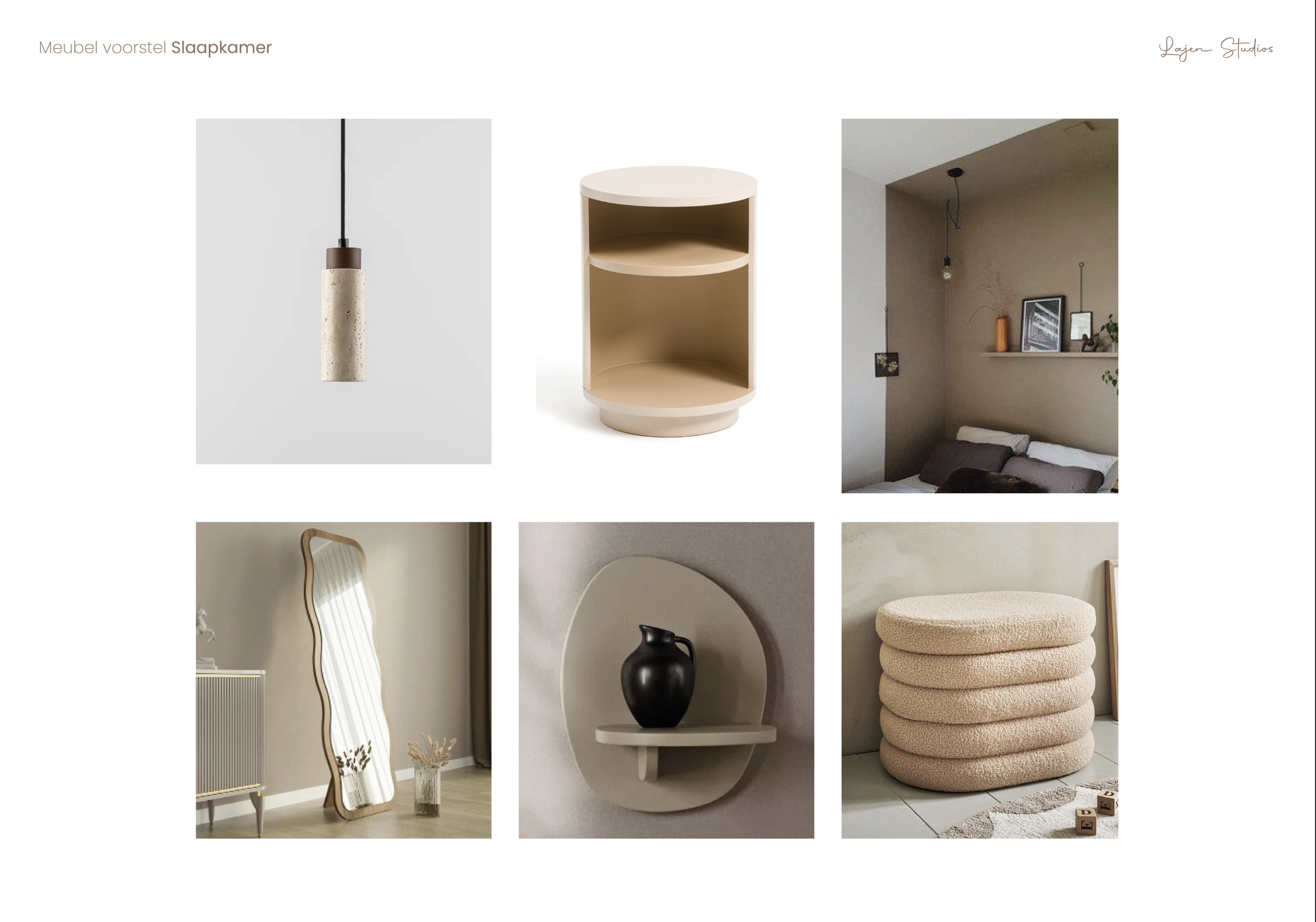 A collage of six images displaying bedroom furniture and decor. The top row shows a hanging pendant light, a small beige corner shelf, and a bedroom with wall shelving and a bed. The bottom row features a full-length mirror with a wavy frame, a wall-mounted shelf with a black vase, and a cozy, layered pouf made of plush, off-white fabric.