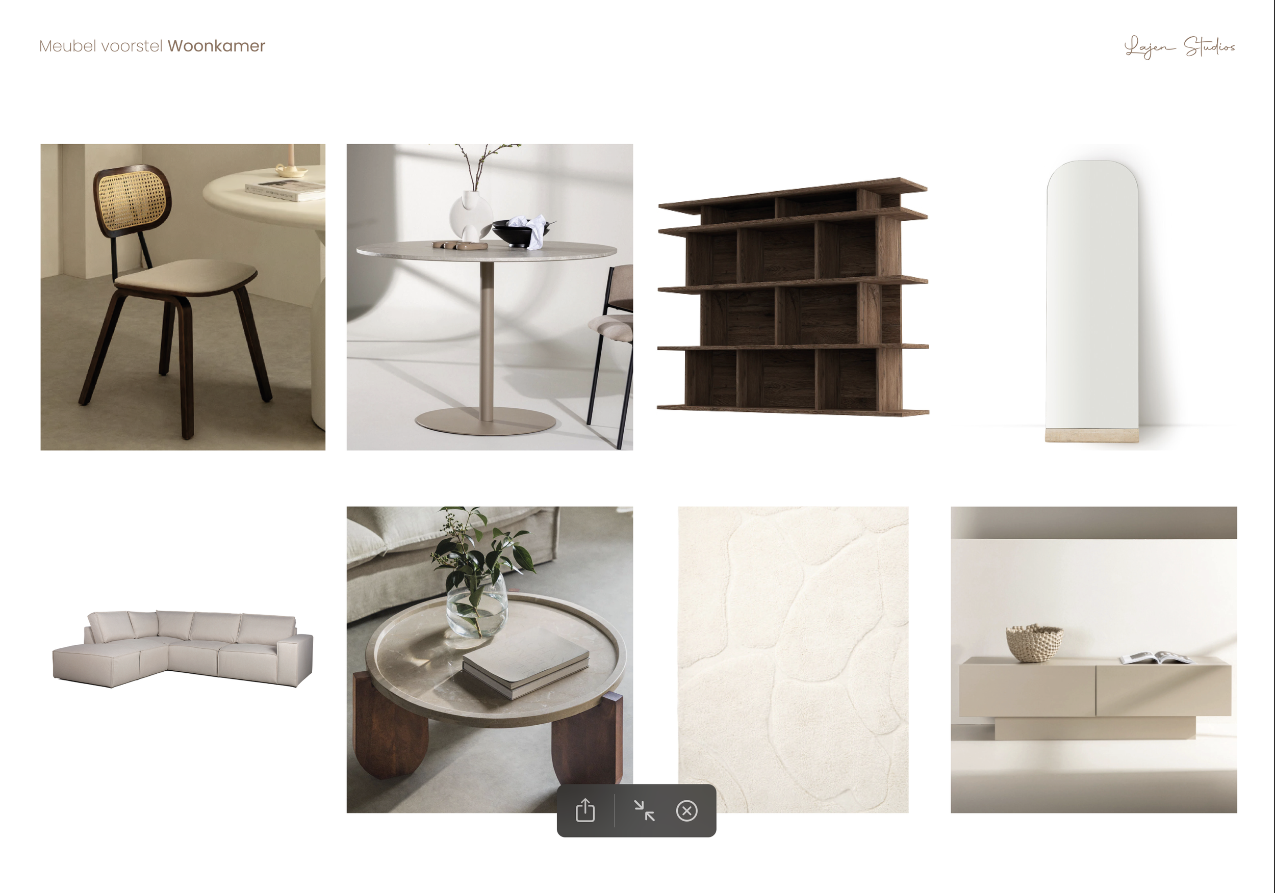 Collage of modern furniture including a rattan dining chair, a round dining table, a wooden wall shelf, a mirror, a sectional sofa, a round coffee table with a book and plant, a beige textured rug, and a minimal white sideboard with a bowl and magazine.