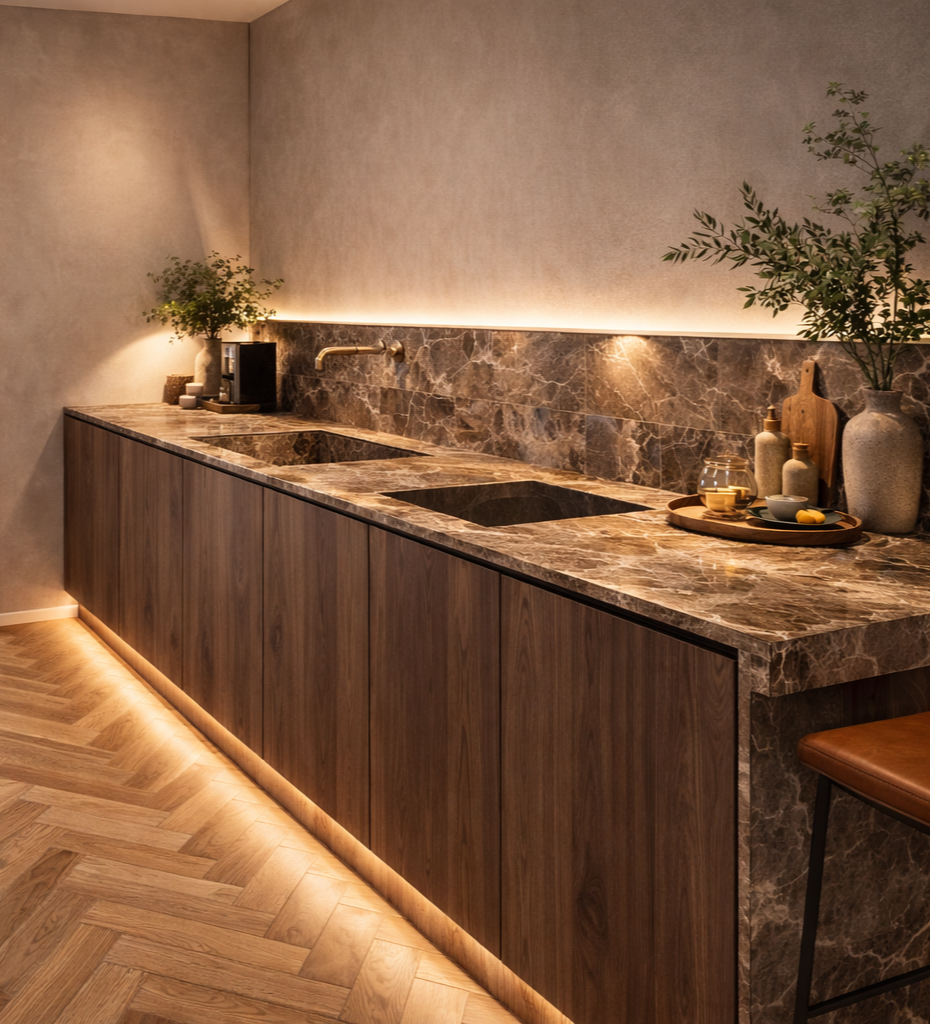 Modern kitchen with marble countertops, wooden cabinets, and decorative vases with greenery.