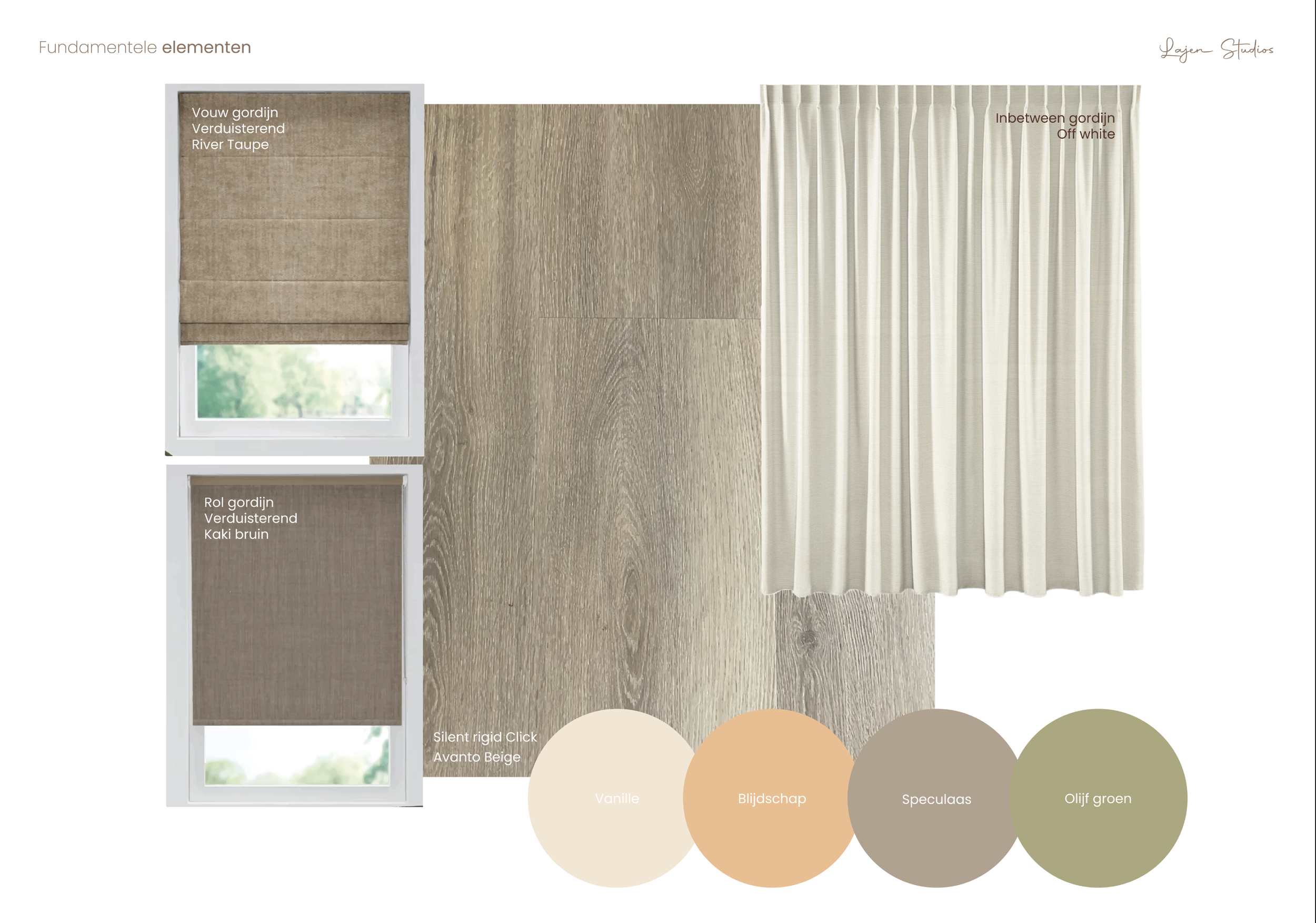 Design board featuring neutral window treatments including a taupe Roman shade and a beige Roman shade, a cream-colored curtain, and a color palette with cream, beige, taupe, and olive green shades.