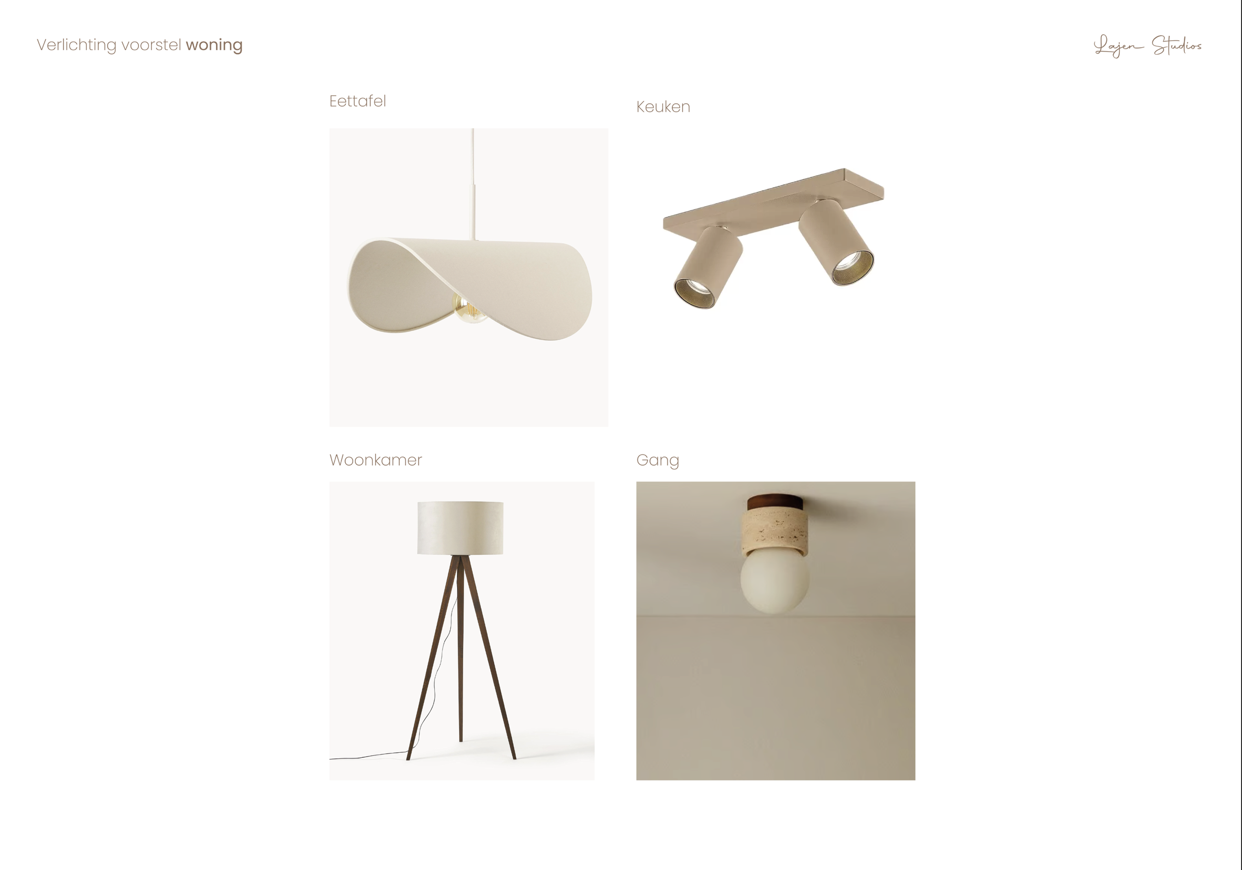 A compilation of four interior lighting fixtures: a white abstract pendant lamp, a beige ceiling spotlight, a wooden tripod floor lamp with a white shade, and a small ceiling light with a combination of wood and a frosted glass bulb.