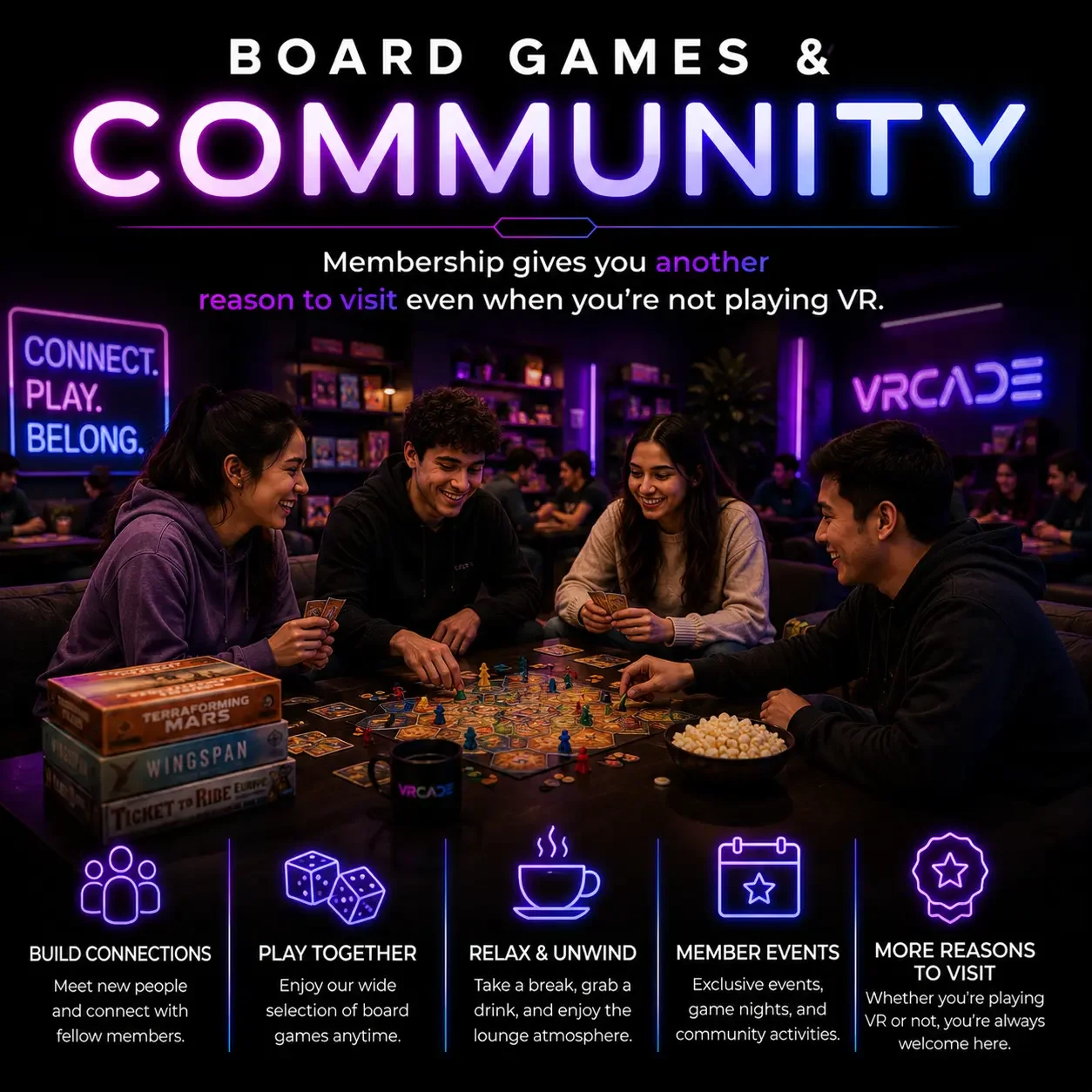 Friends playing board games and socializing in the VRCADE community lounge between virtual reality adventures.