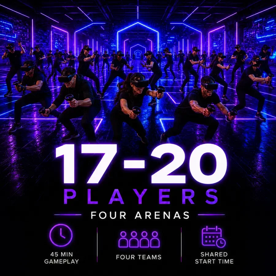 Large-group VR experience for 17 to 20 players at VRCADE Toronto.