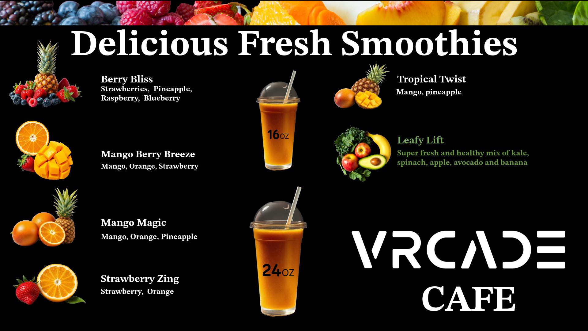 VRADE Cafe showcasing  smoothies with images of the ingredients. The smoothies are Berry Bliss, Mango Berry Breeze, Mango Magic, and Strawberry Zing, each with their respective ingredients listed.
