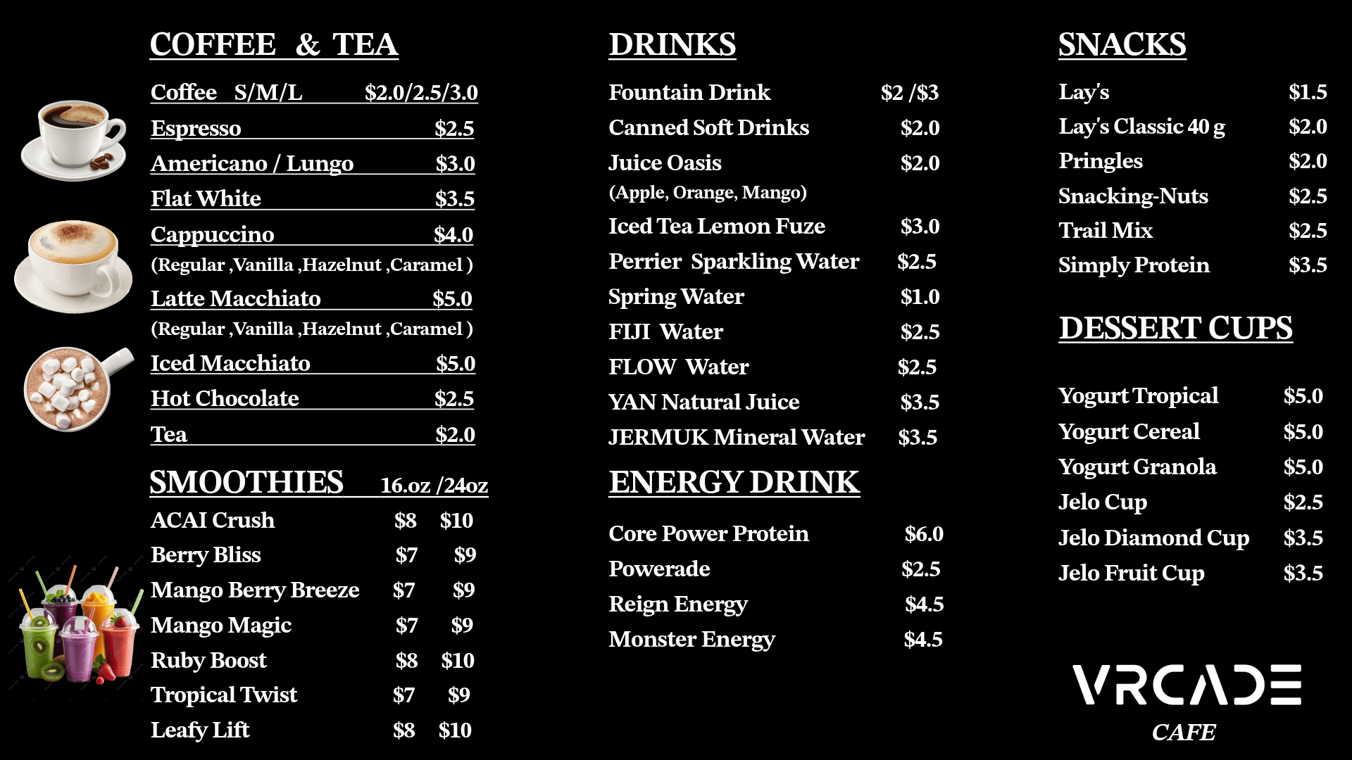 A menu board for a cafe with sections for coffee and tea, drinks, snacks, smoothies, energy drinks, and dessert cups. The menu lists various beverages with prices, accompanied by images of coffee cups, smoothies, and colorful drinks.