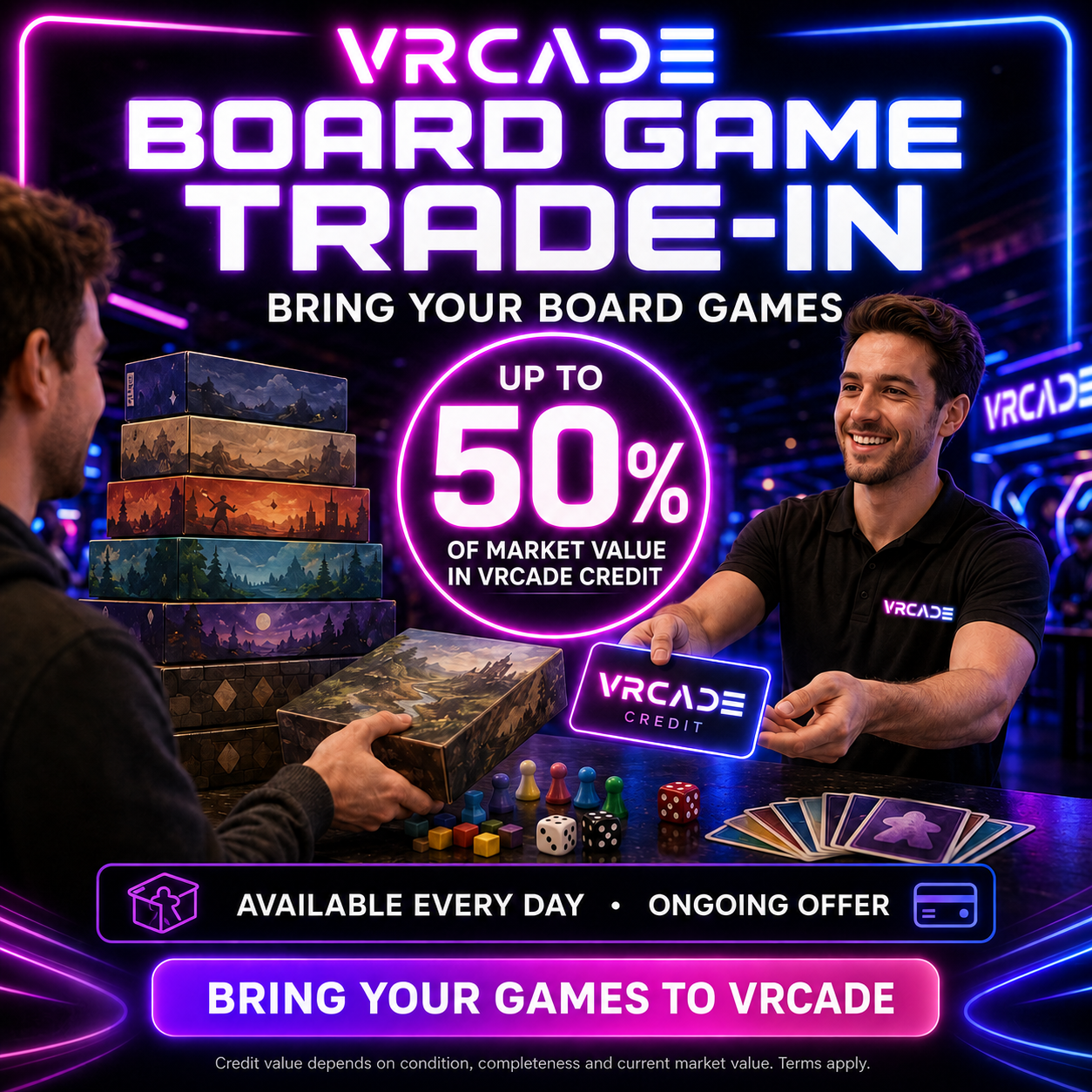 VRCADE Board Game Trade-In offer in Toronto—trade eligible board games for up to 50% of their current market value in VRCADE credit.