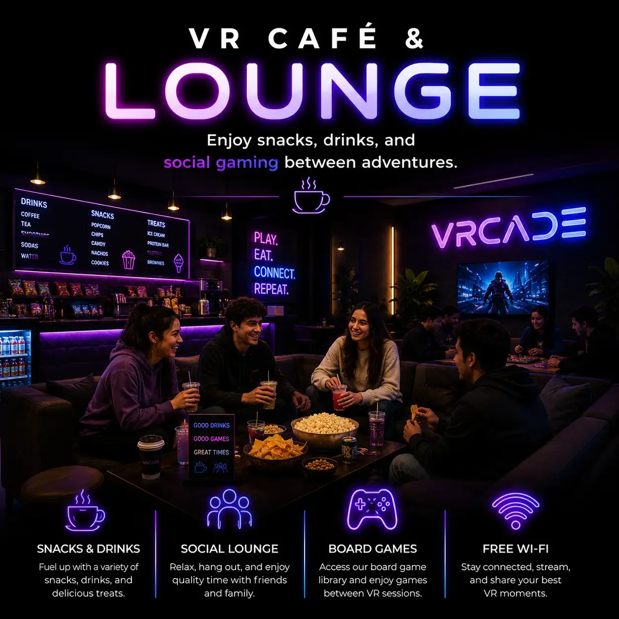Guests relaxing in the VRCADE café and lounge area with snacks, drinks, board games, and social gaming activities.