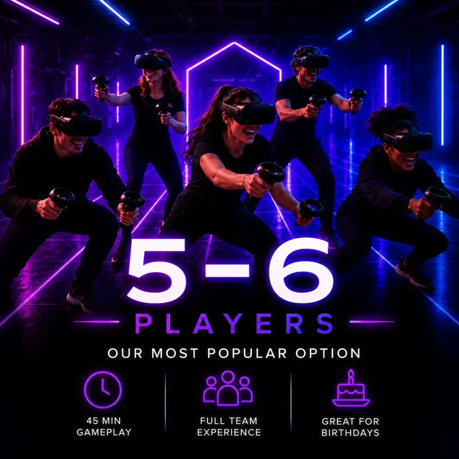 Book a Free-Roam VR team experience for 5 to 6 players at VRCADE Toronto.