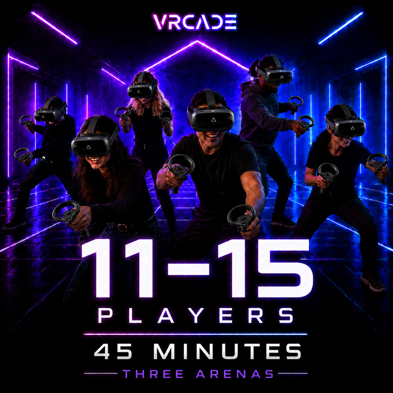 VRCADE 45-minute Free-Roam VR booking for 11 to 15 players across three arenas