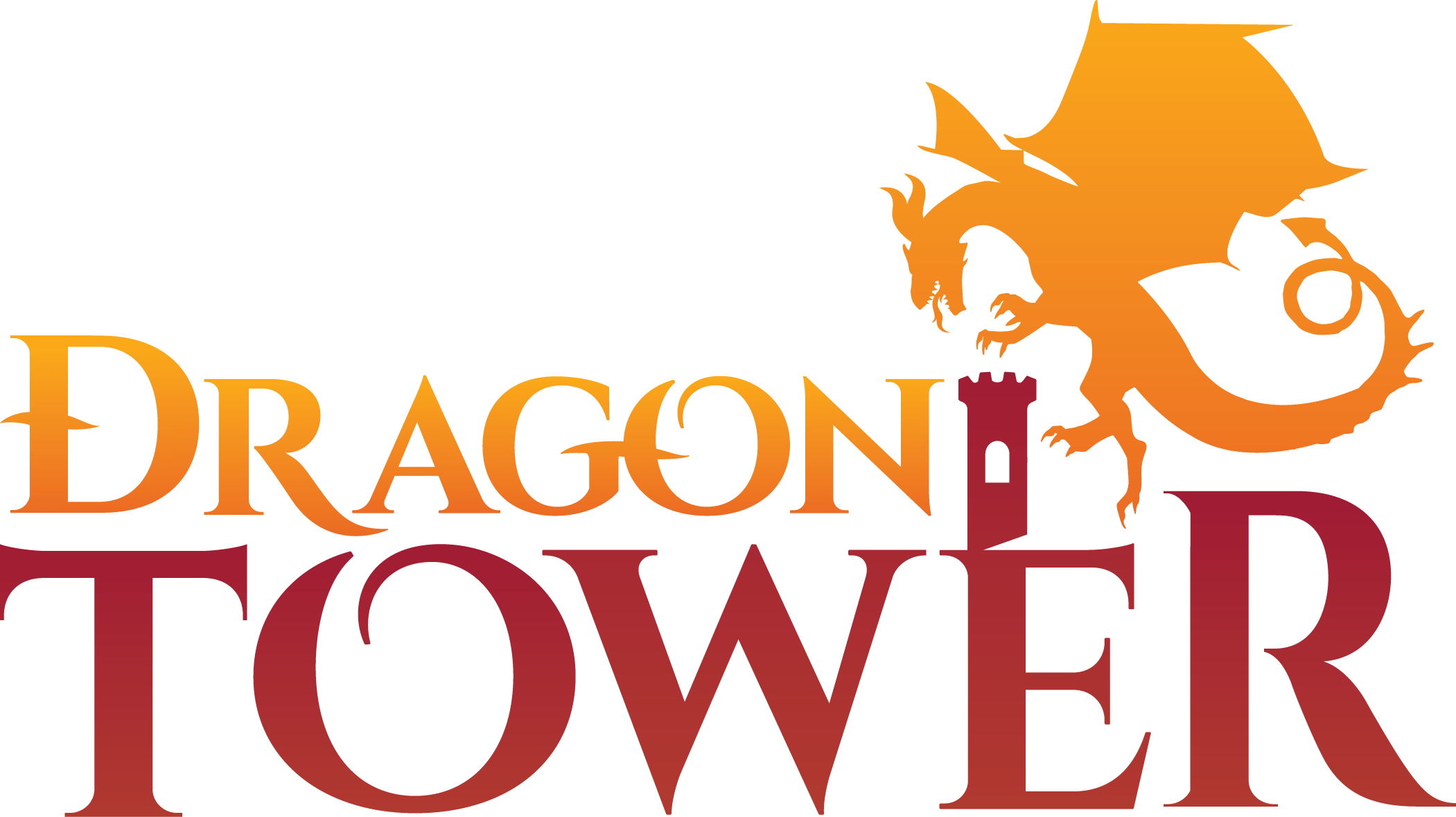"Dragon Tower" Virtual Reality Escape Room. Play at VRCADE Toronto..Graphic logo with the words "Dragon Tower" against a red and orange background