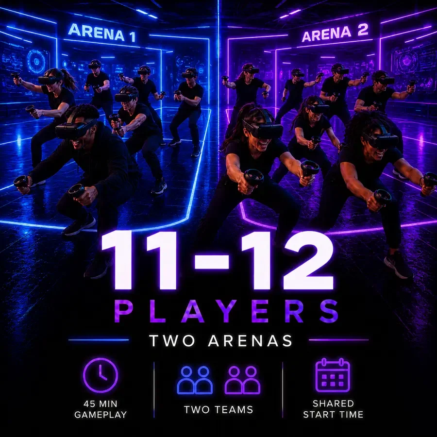 VR booking for 11 to 12 players divided into two teams at VRCADE Toronto.