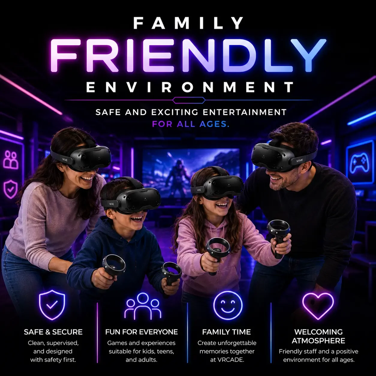 Family enjoying safe and exciting virtual reality games together at VRCADE's family-friendly VR arcade in Toronto.