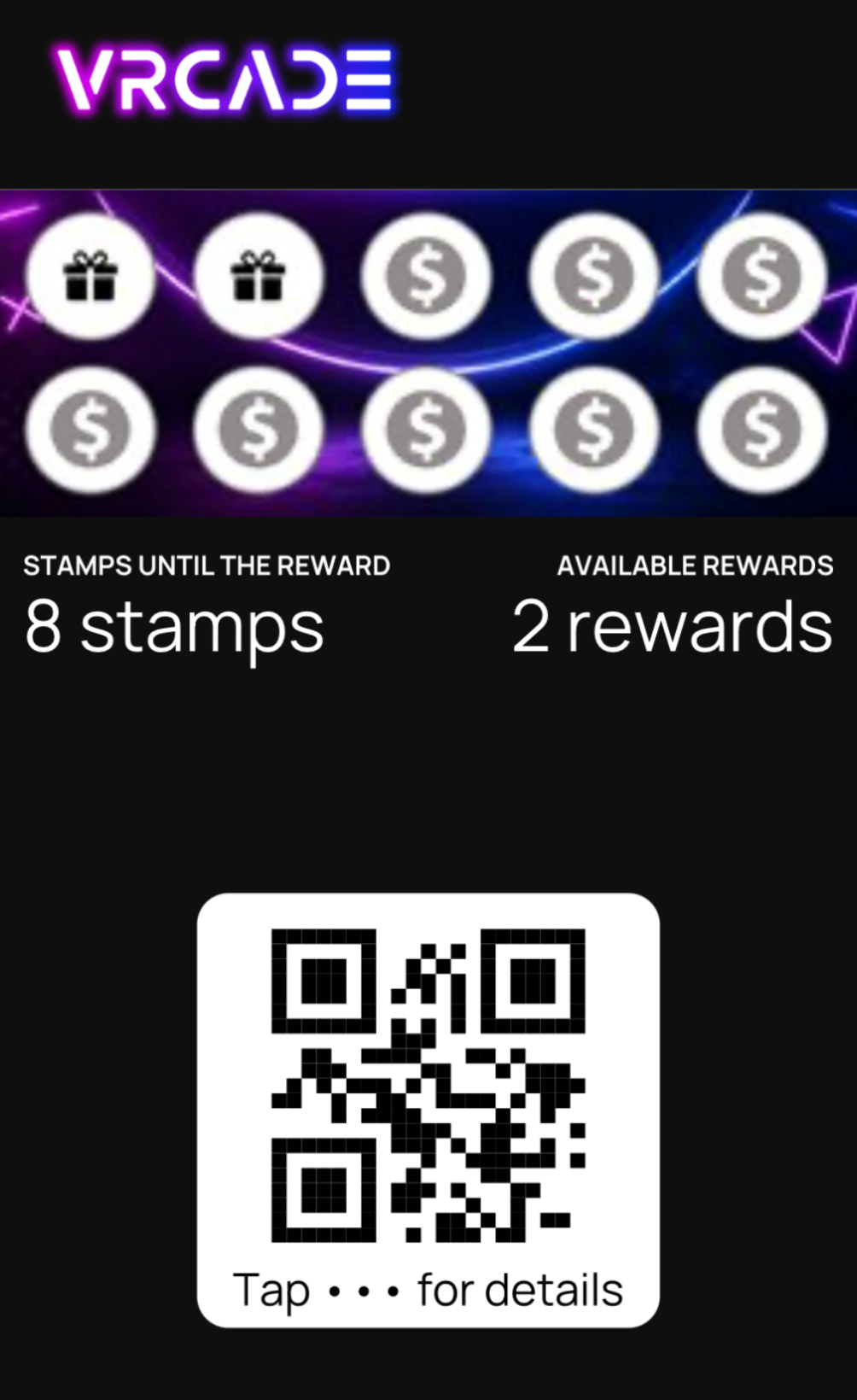 VRCADE Toronto Stamp Card showing stamp rewards and qr code