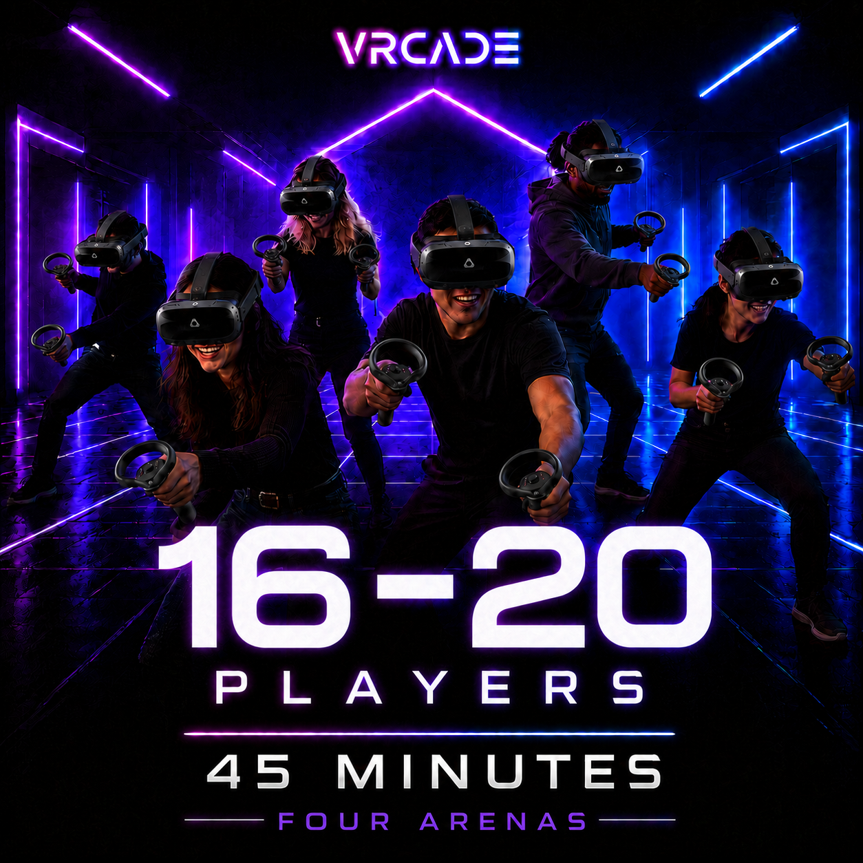 VRCADE 45-minute Free-Roam VR booking for 16 to 20 players across four arenas