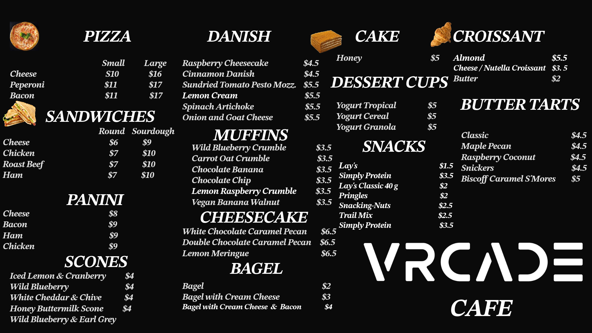 VRCADE CAFE menu on black background with categories for coffee and tea, drink, smoothies, and energy drinks, listing items and prices.