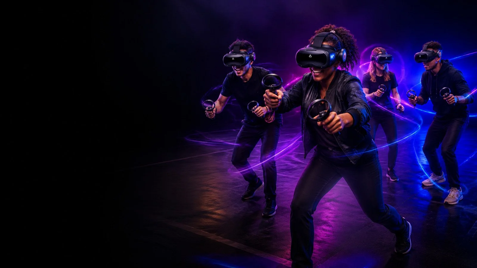 Players using HTC VIVE Focus 3 headsets in the VRCADE Toronto free-roam VR arena
