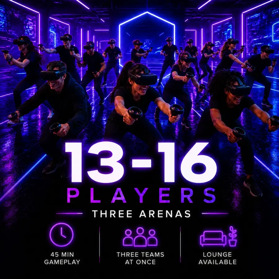 Large-group Free-Roam VR booking for 13 to 16 players at VRCADE Toronto.