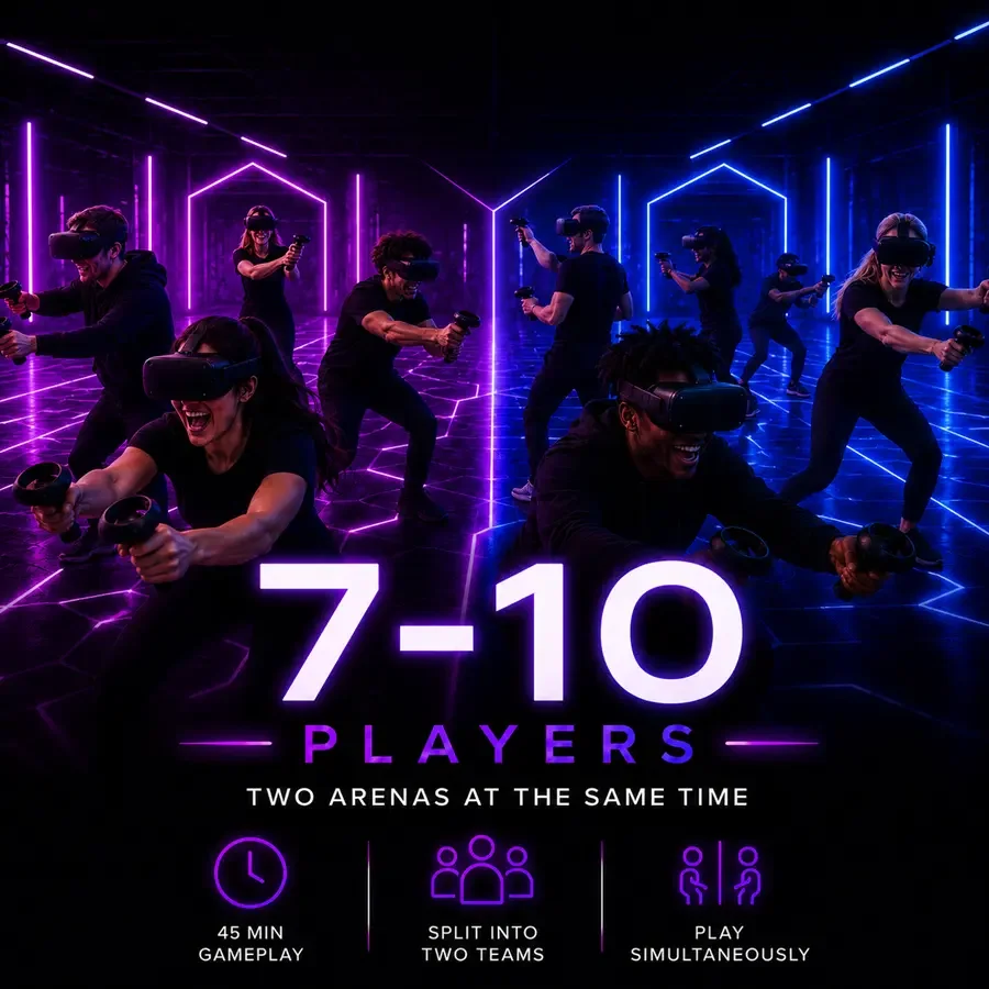 Free-Roam VR booking for 7 to 10 players across two arenas at VRCADE.