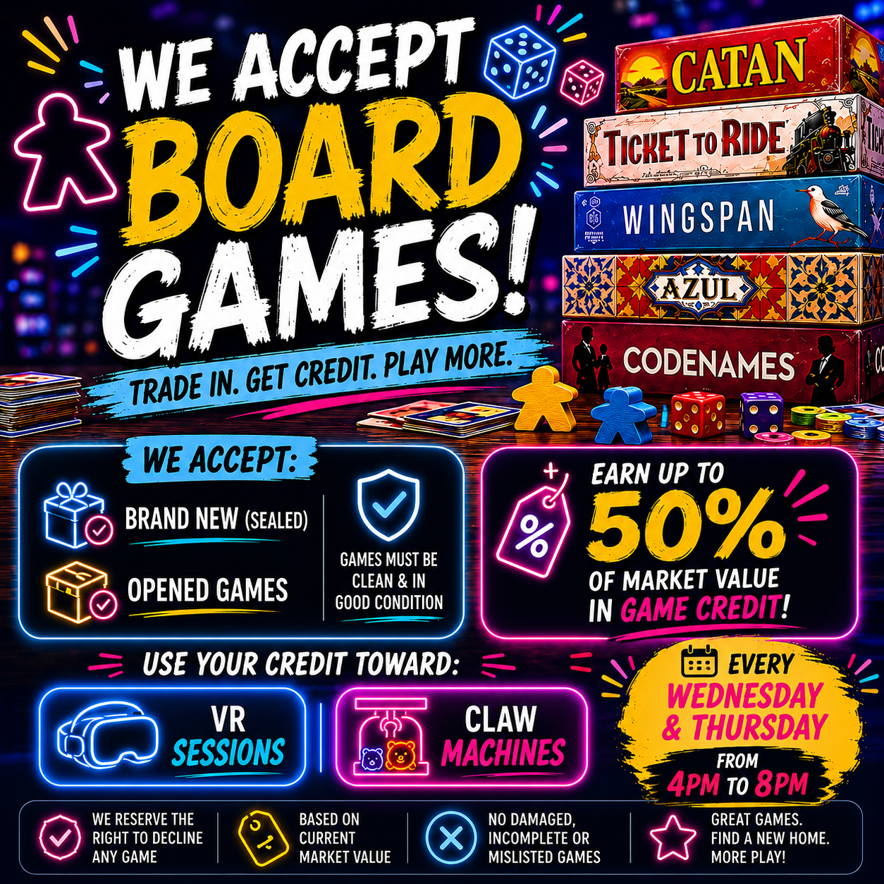 VRCADE board game trade-in promotion offering up to 50% game credit for VR sessions and claw machines.