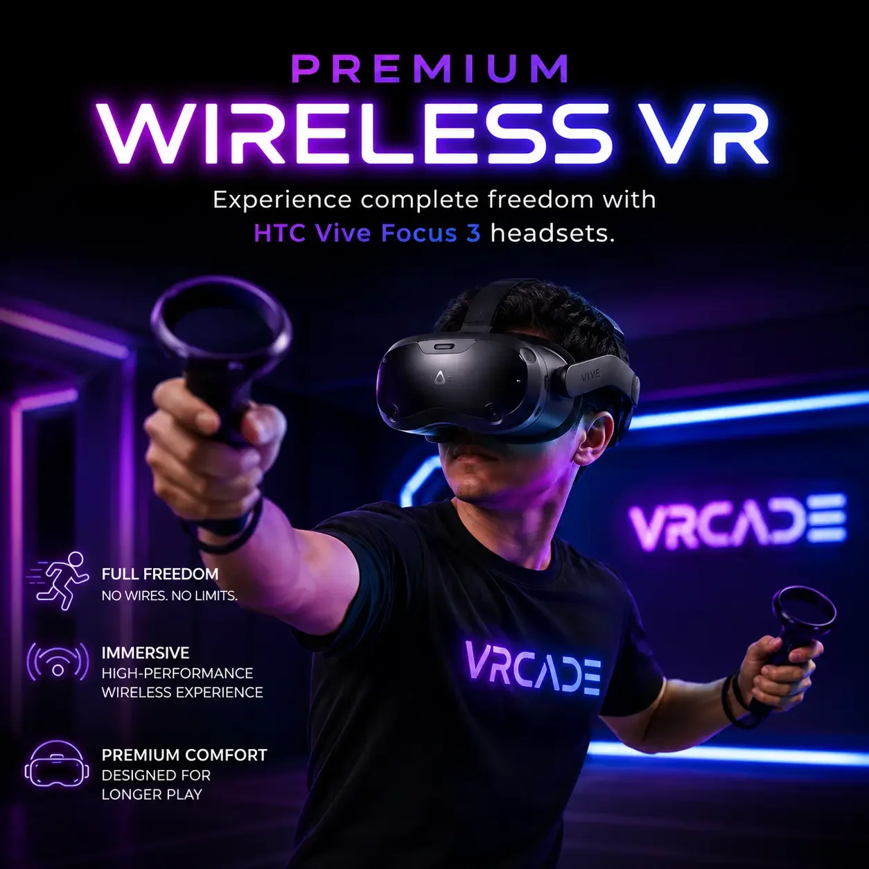 Player enjoying a premium wireless virtual reality experience using HTC Vive Focus 3 headsets at VRCADE in Toronto.