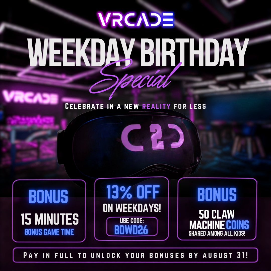 VRCADE Toronto weekday birthday special: 13% off with code BDWD26, plus 15 bonus VR minutes and 50 claw machine coins when paid in full.
