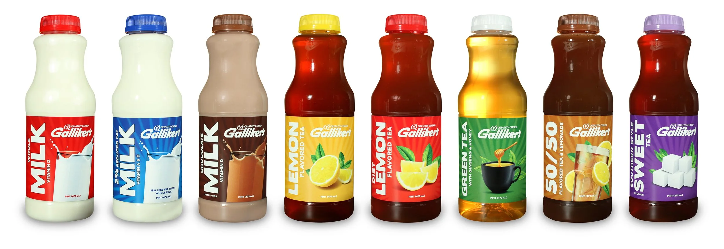 A row of eight Galliker's flavored milk bottles, each with different colored labels and caps, including flavors like chocolate, lemon, tea, honey, and sour sweet tea.