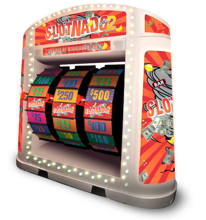 Colorful arcade-style slot machine named 'Slot Nado 2' with illuminated border, various payout amounts, and graphics of money, dollar bills, and a bar sign on the sides.