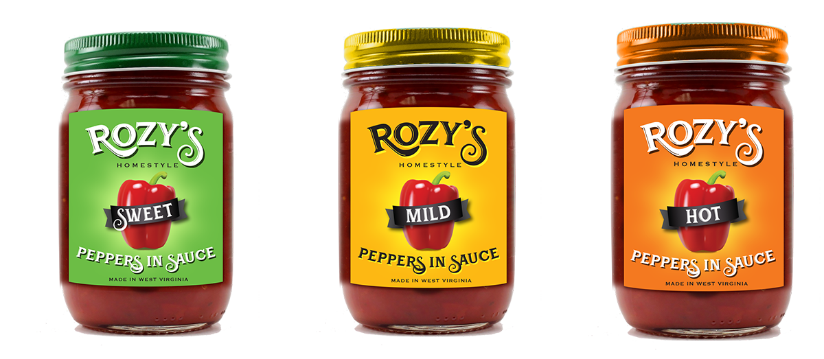 Three jars of Rozy's Peppers in Sauce with labels indicating sweet, mild, and hot varieties.