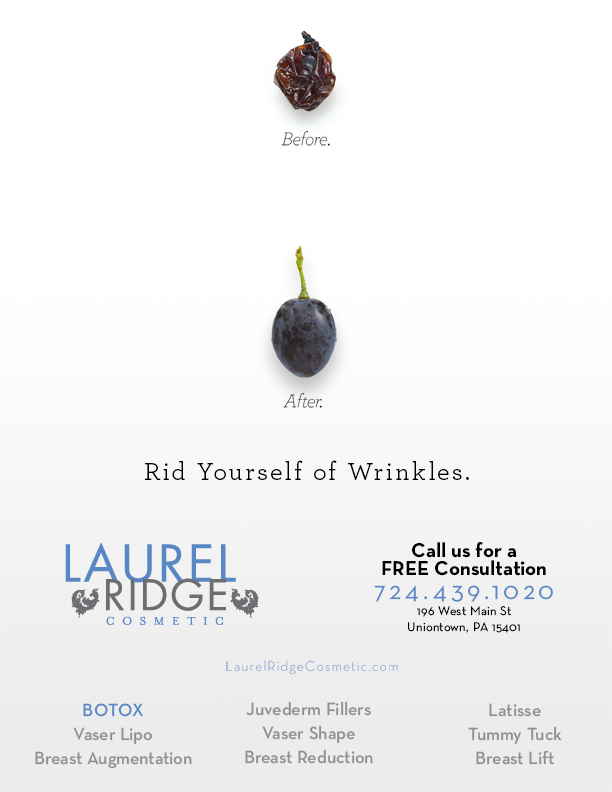 Before and after images of a raisin, with the after image showing a grape, along with text promoting wrinkle reduction treatments, including Botox, Juvederm Fillers, and Latisse at Laurel Ridge Cosmetic in Pennsylvania.