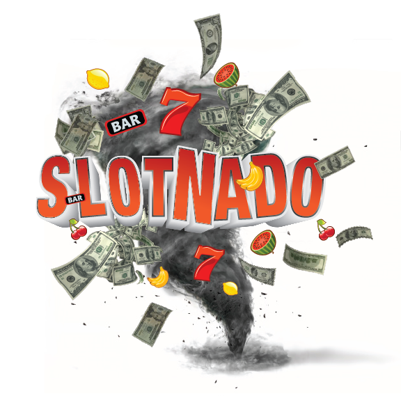 Graphic with the title 'Slotnado' featuring flying dollar bills, fruits, a lemon, cherries, watermelon, and torn black tornado graphic with the number 7.