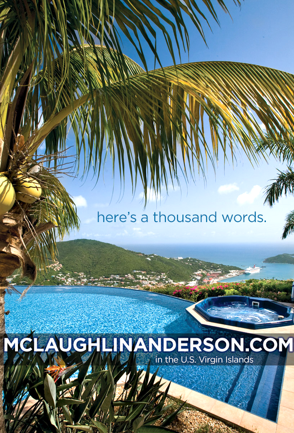 Scenic view of a tropical landscape in the U.S. Virgin Islands with an infinity pool, palm trees, hills, and ocean in the background, promoting McLaughlinAnderson.com.