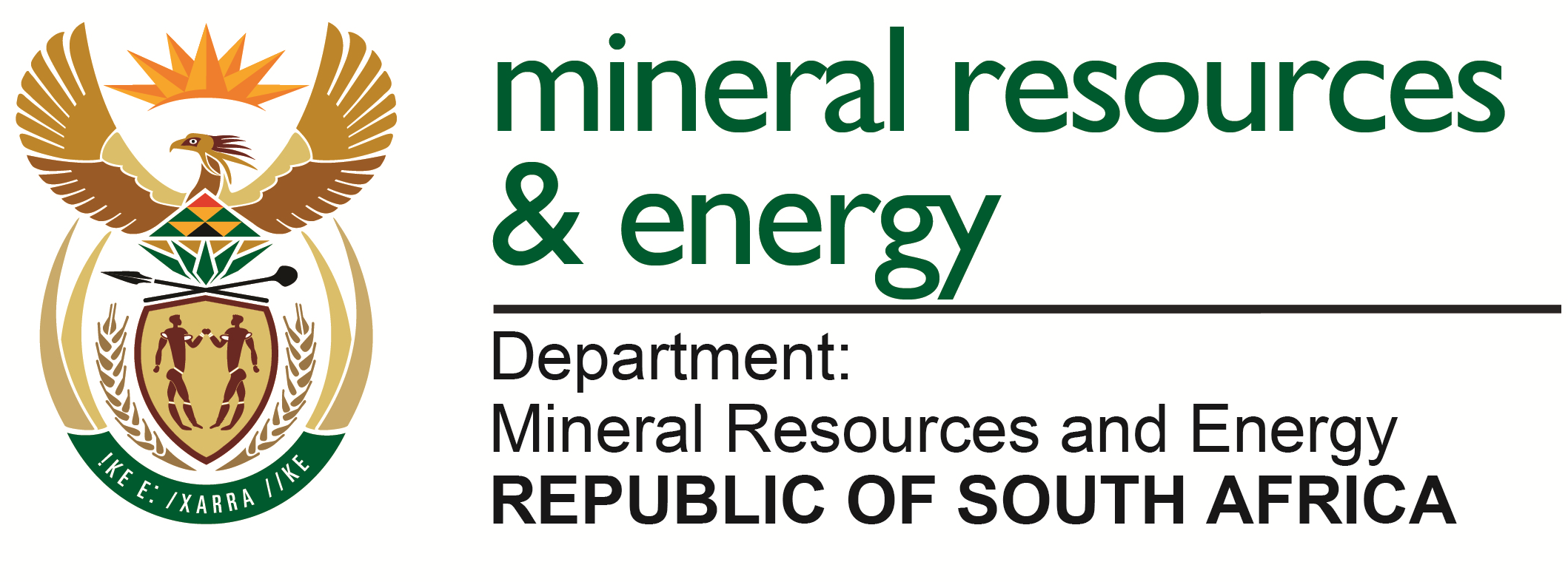 Official emblem of the South African Department of Mineral Resources and Energy, featuring a stylized bird, shield, and maize, alongside text indicating the department's name and country.