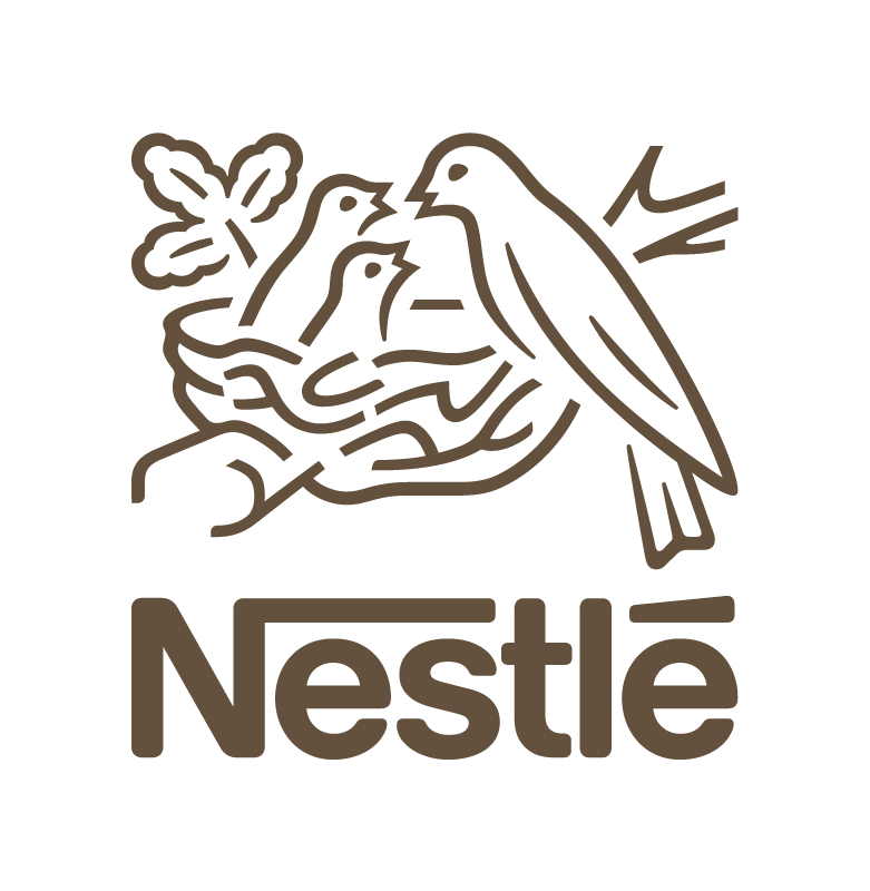 Nestlé logo with a bird feeding two chicks in a nest, accompanied by a butterfly.