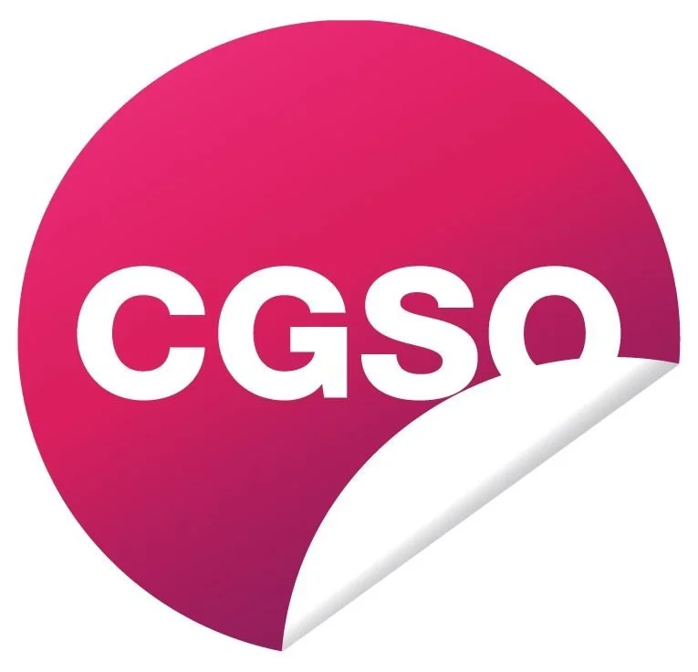 Pink circular sticker with white text 'CGSO' and a corner that appears to be peeling away.