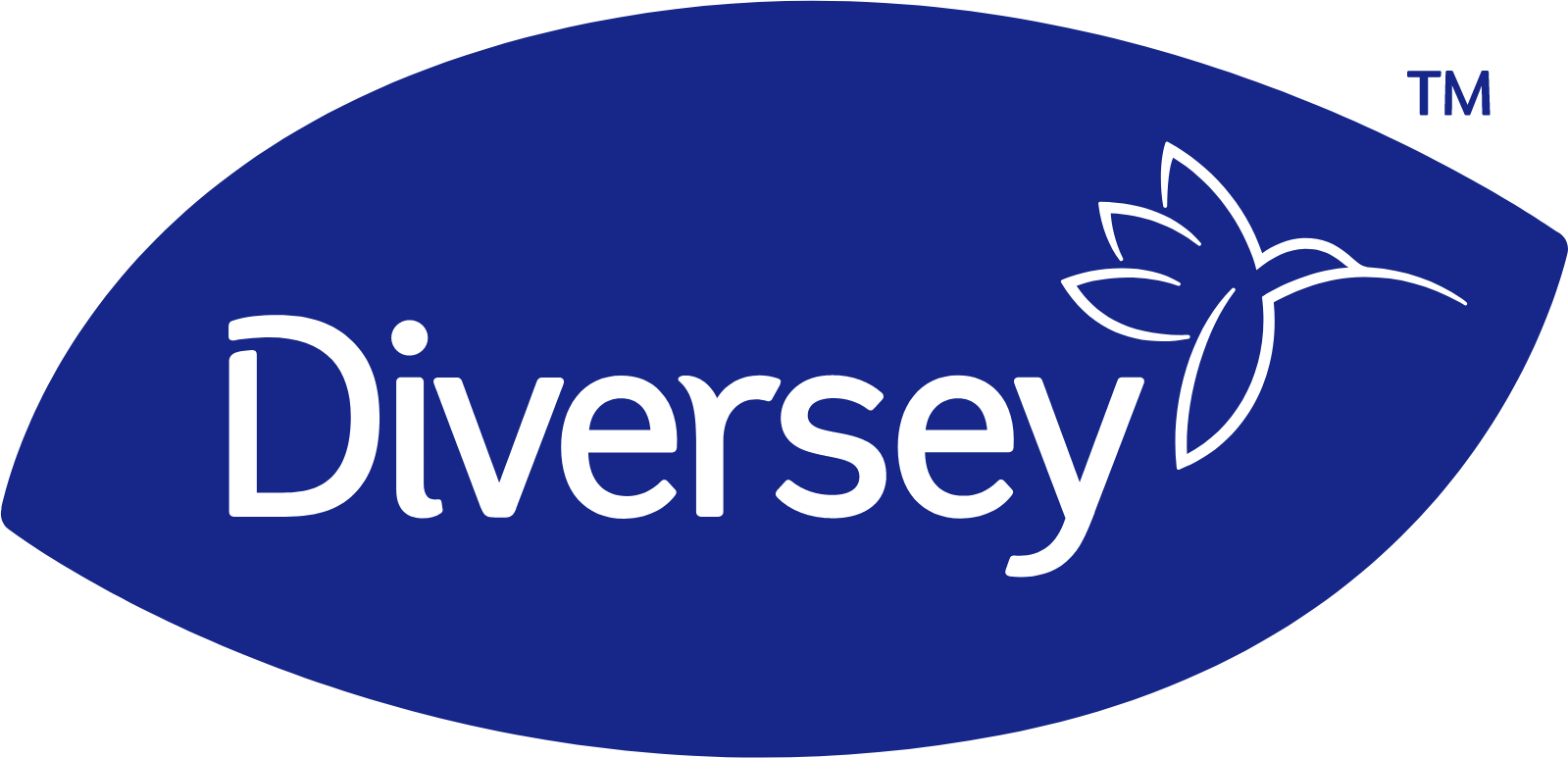 Diversey logo with a blue background, white text, and a white floral design.
