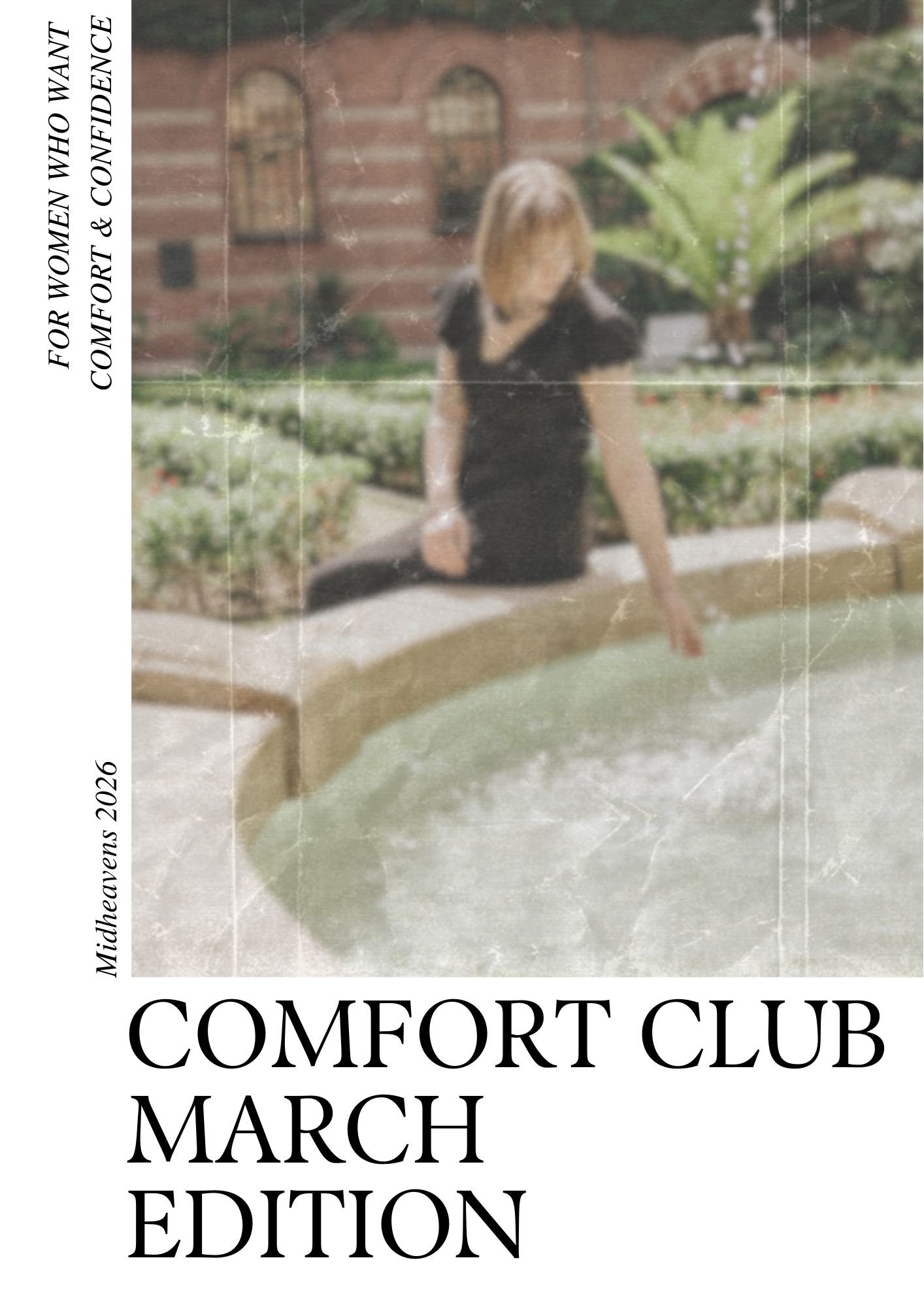 The cover of the Middlefields 2026 Comfort Club March Edition featuring a blurred woman with light hair in a garden setting.