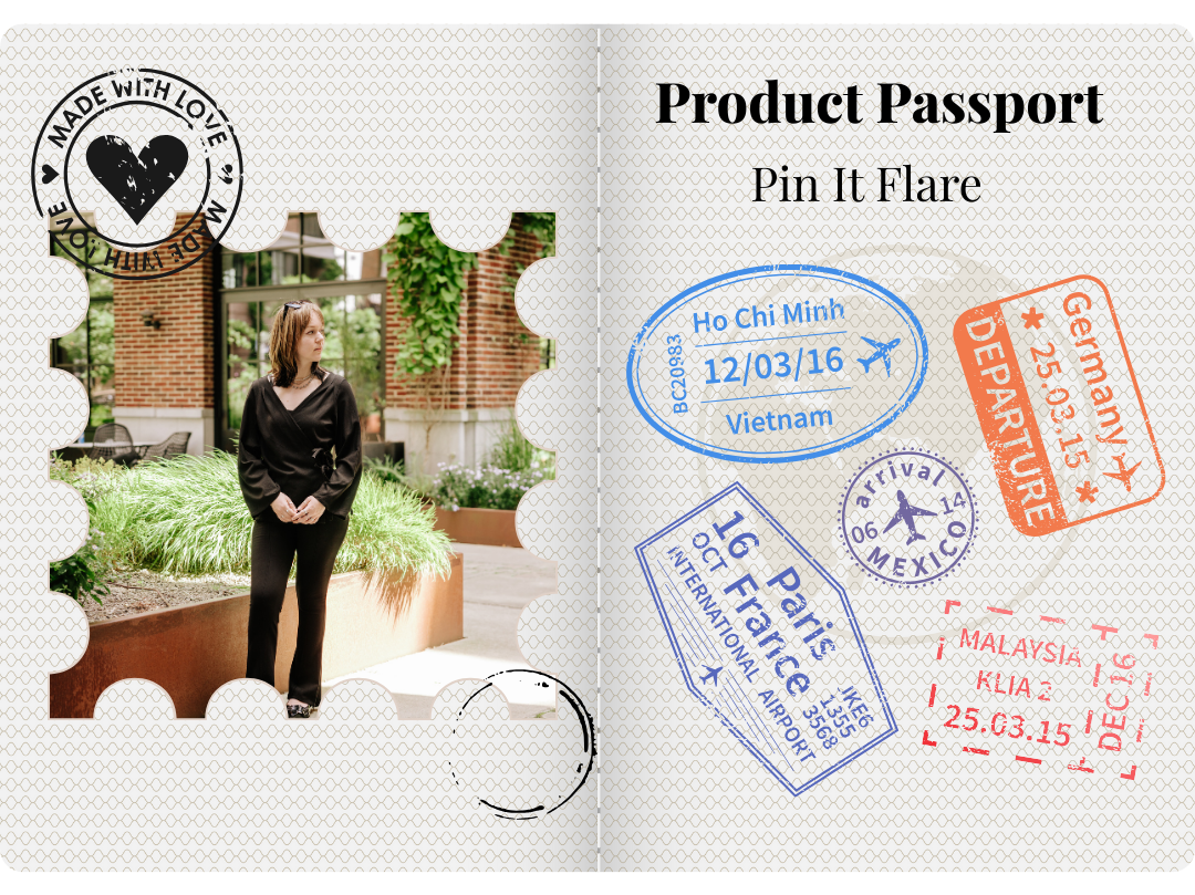 A person standing outside near a building with greenery, seen through a jigsaw puzzle shaped border, next to a product passport with travel stamps.