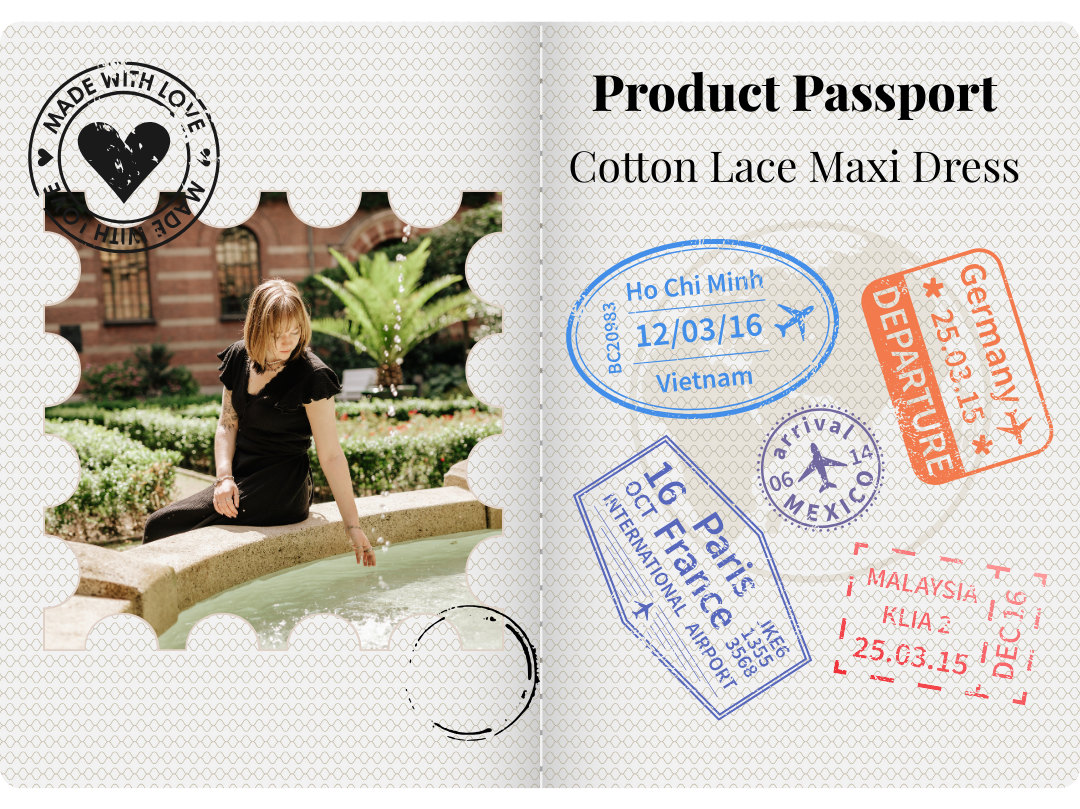Open travel document with passport stamps and a photo of a woman sitting near a fountain in a garden.