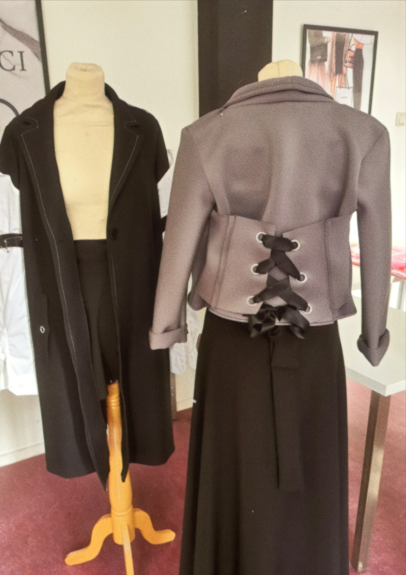 Past school project - upcycled long coat in the back and the start of the lace up back details in the front!