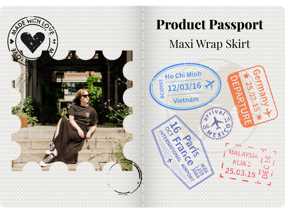 Product passport photo of a woman sitting on steps outside, wearing a maxi wrap skirt with travel stamps.