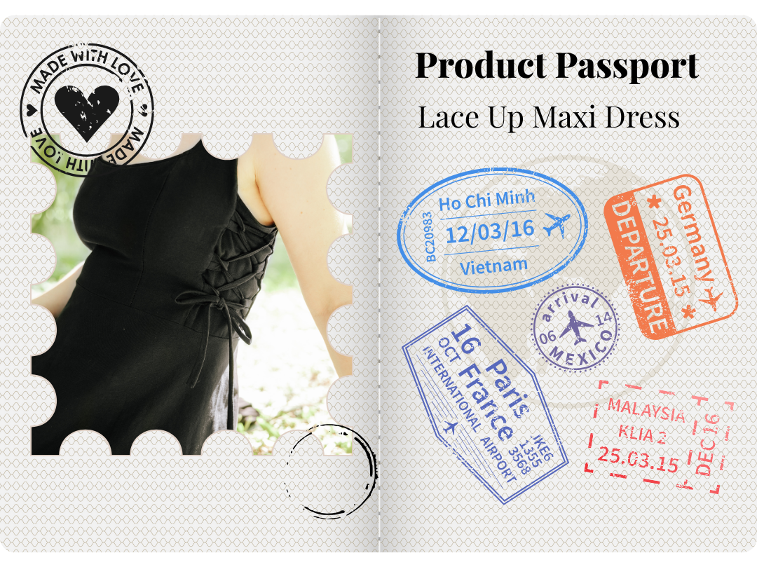 Product passport for a lace-up maxi dress, with multiple travel stamps and a partially visible woman in a black dress on the left side.