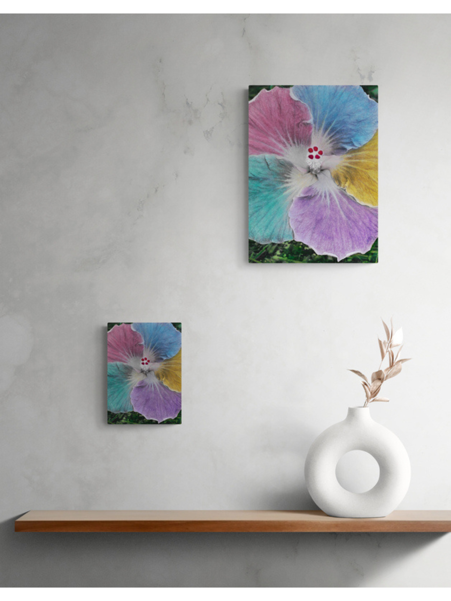Rainbow Hibiscus small and med metal canvas contemporary-vase-sitting-on-shelf.png