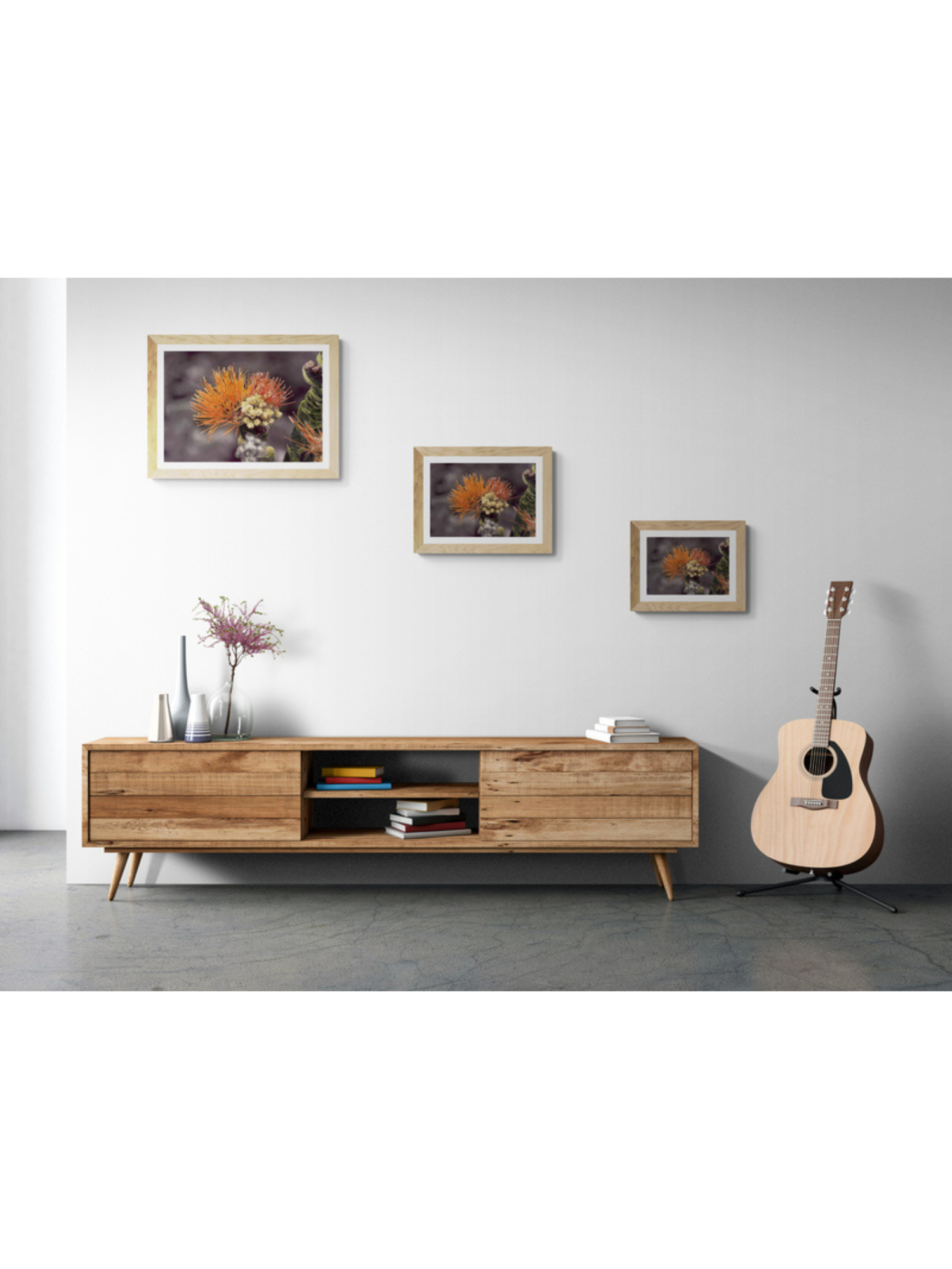 Orange ohia framed 3 sizes minimal-room-with-cabinet-and-guitar.png