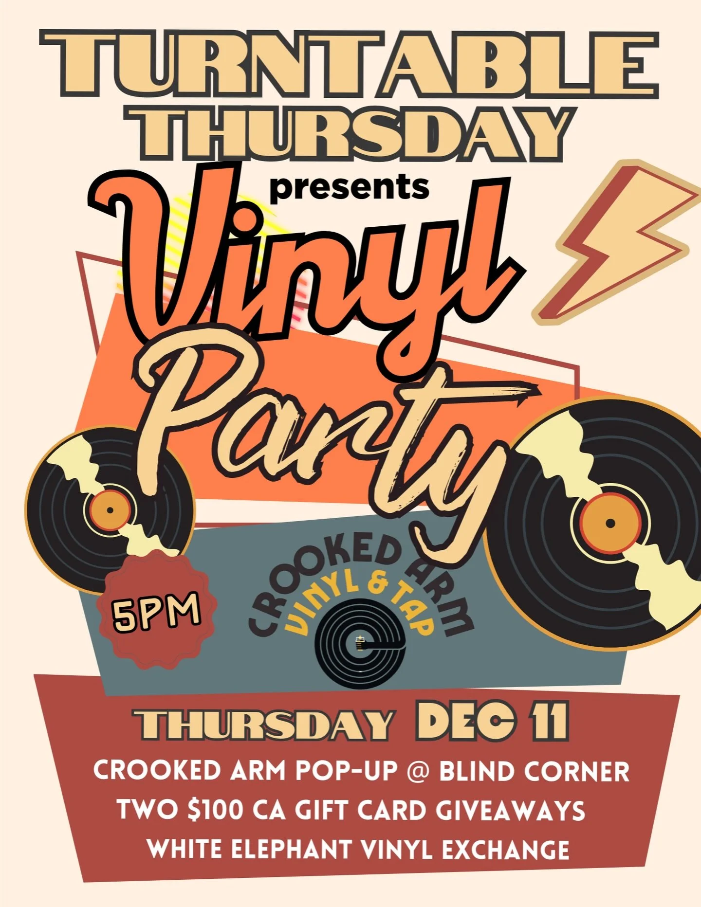 Today is the day! @crookedarmlisle pop-up &amp; gift card raffle, white elephant vinyl exchange, and a solid set of tunes guaranteed. Bring a friend, and we&rsquo;ll see you at 5p!