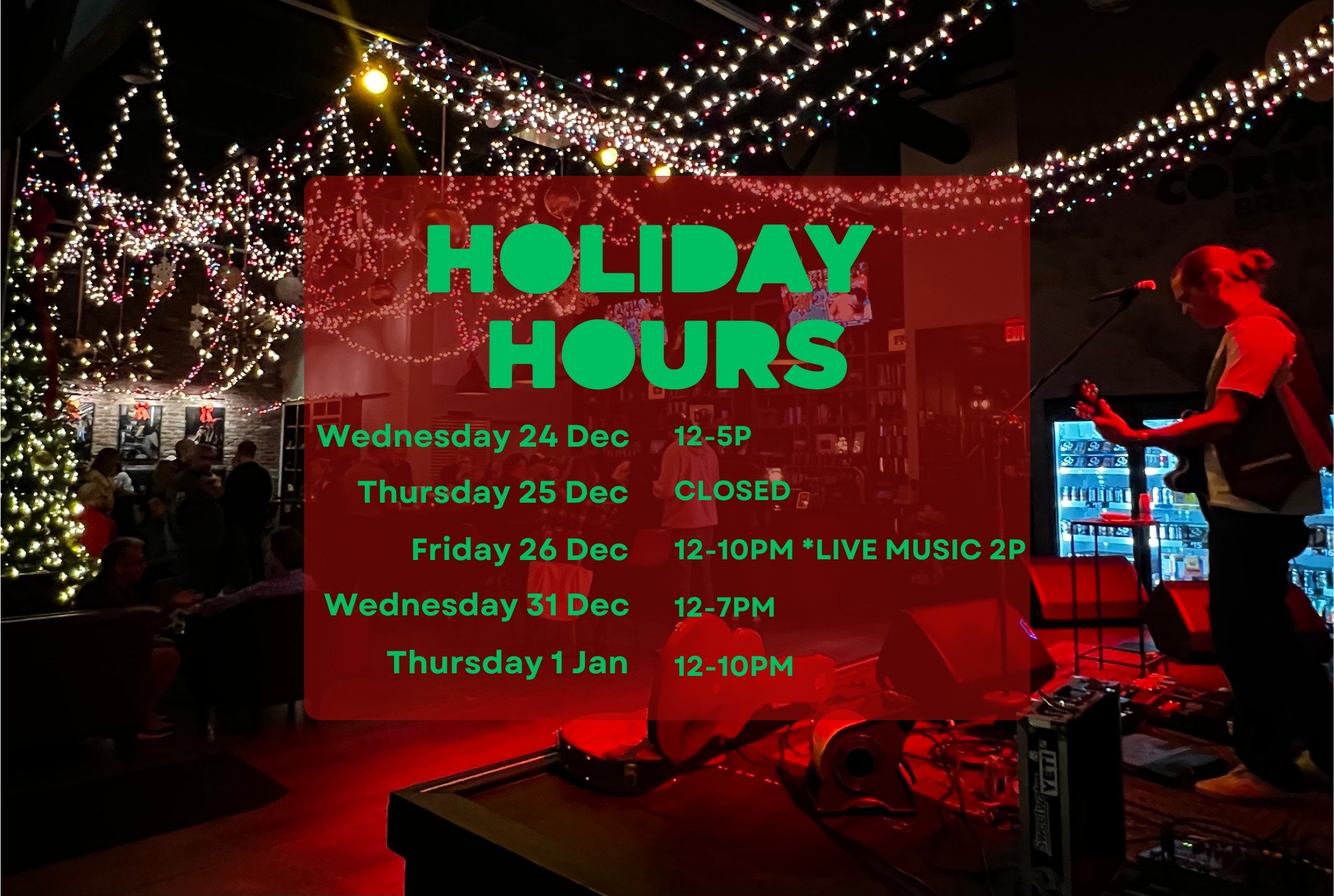 We would love to see you over the holidays, but our hours are slightly different this week and next, so please plan accordingly! 

We just tapped two fresh beers, have a fully stocked to go cooler with a few great deals for those holiday parties, and