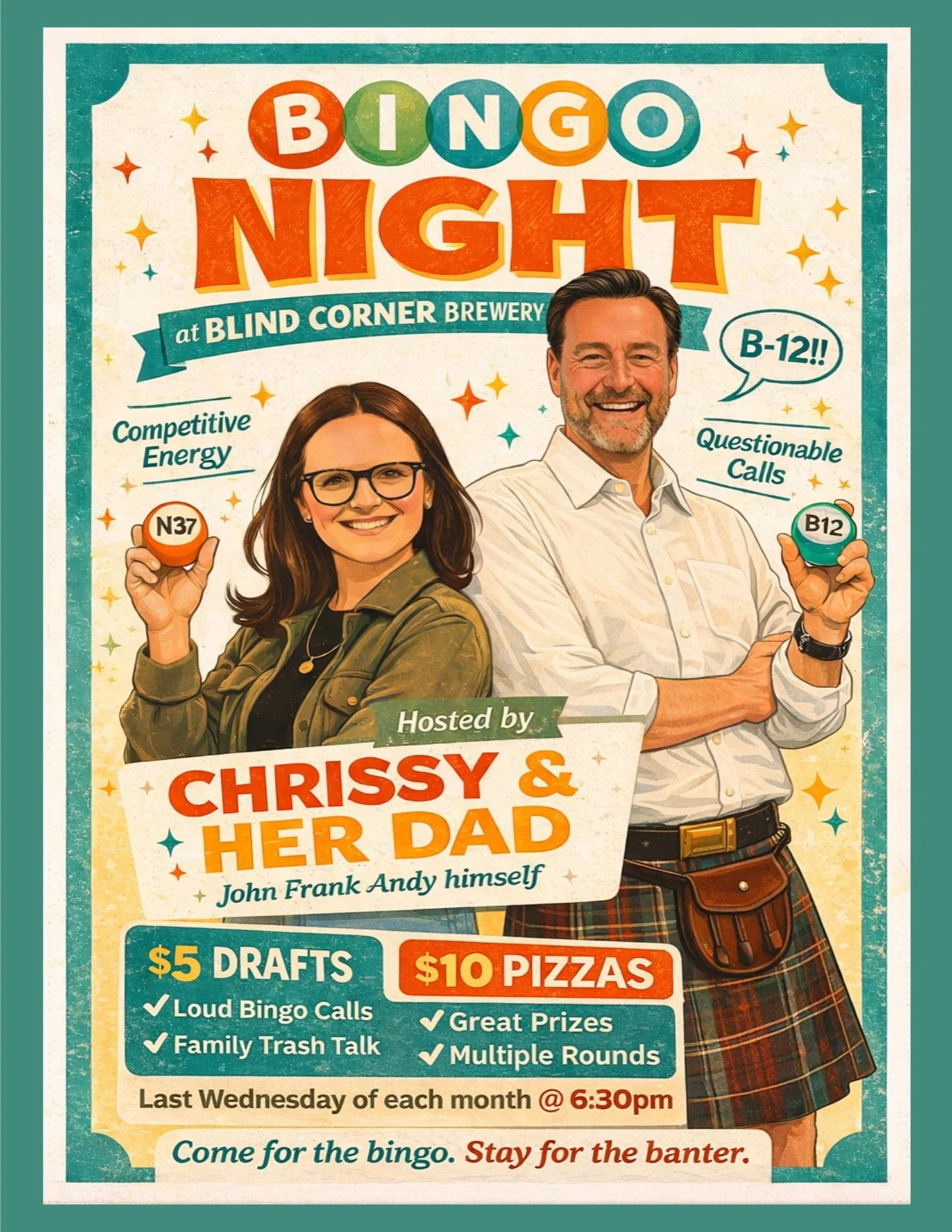 Two weeks from today - BINGO! 

Join Chrissy and Frank for all the wholesome father daughter banter you can handle. So much love, so many dad jokes, just the right amount of embarrassment. 

Free to play 💰
Prizes for every winner 🏆
$5 drafts 🍺
$10