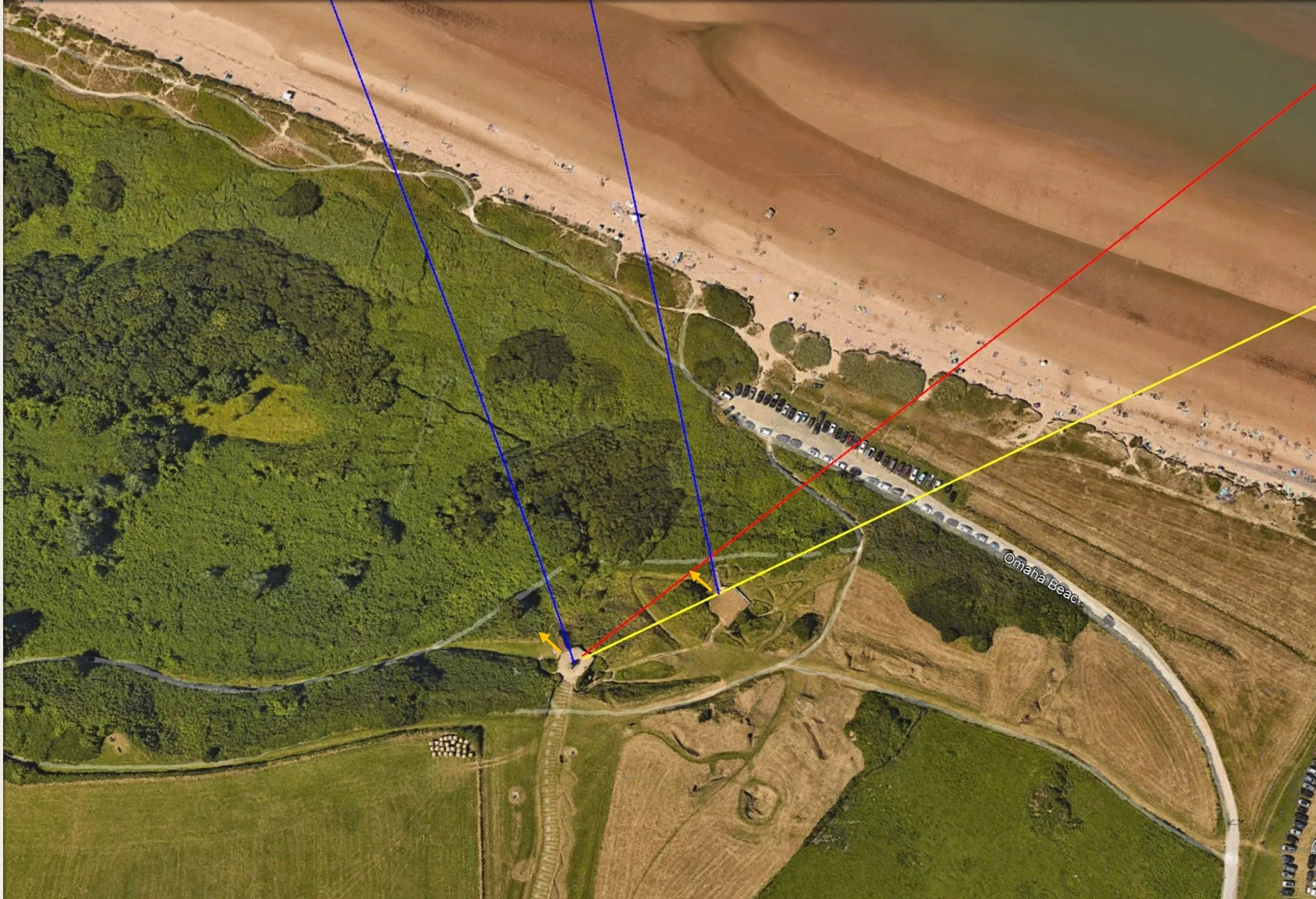 Aerial view of WN62 (Omaha Beach, Fox Green sector) showing orientation of bunkers in relation to bombardment ship gun-target lines.